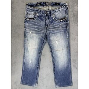 Affliction Jeans Mens 30x29 Blue Cooper Black Premium Relaxed Straight Distress